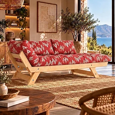 Adalar Masif Ahşap Çam Desenli Natural-Kırmızı Renk Kanepe - 3