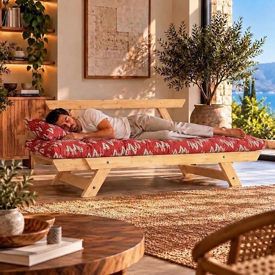 Adalar Masif Ahşap Çam Desenli Natural-Kırmızı Renk Kanepe - 7