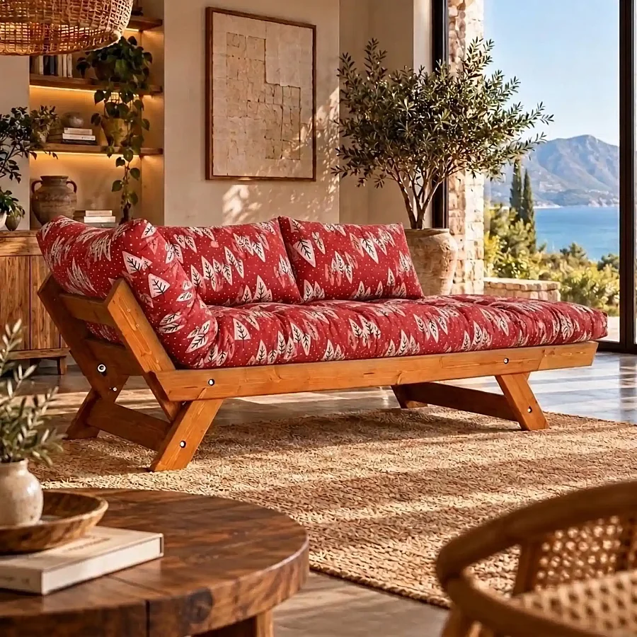 Adalar Masif Ahşap Çam Desenli Tik-Kırmızı Renk Kanepe - 3