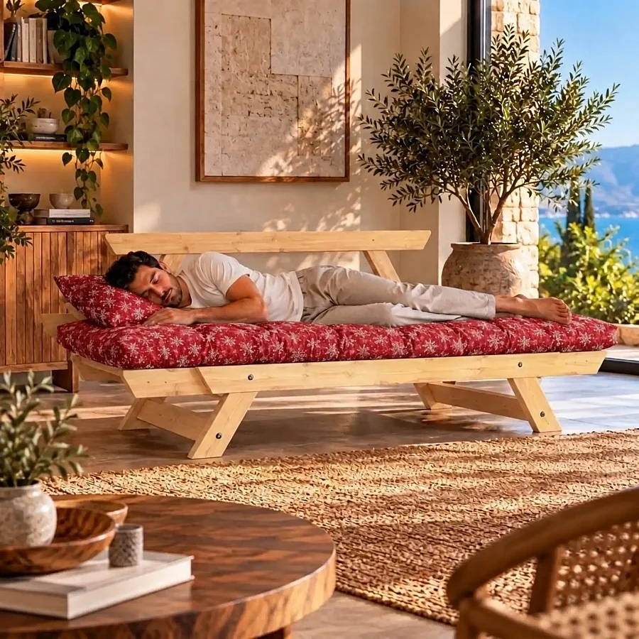 Adalar Masif Ahşap Kar Desenli Natural-Kırmızı Renk Kanepe - 7