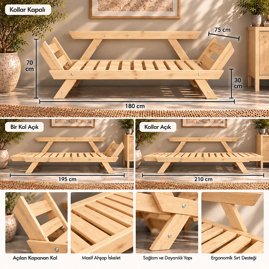 Adalar Masif Ahşap Kar Desenli Natural-Kırmızı Renk Kanepe - 5