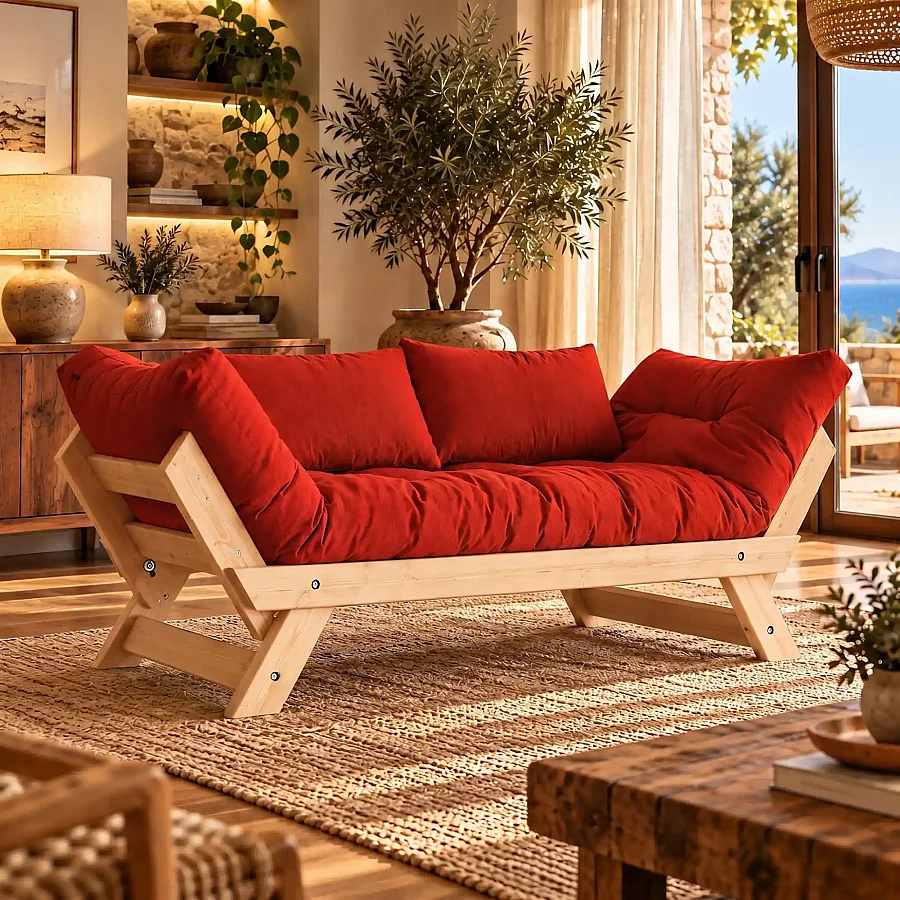 Adalar Masif Ahşap Natural-Kırmızı Renk Kanepe (1)