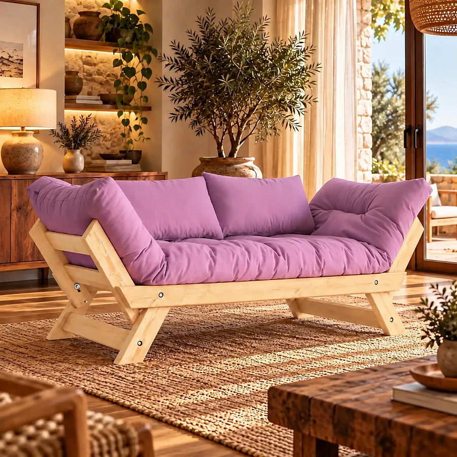 Adalar Masif Ahşap Natural-Pembe Renk Kanepe (1)