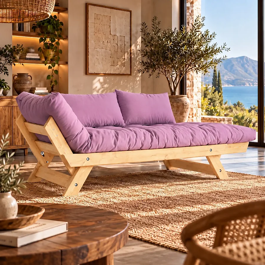 Adalar Masif Ahşap Natural-Pembe Renk Kanepe 