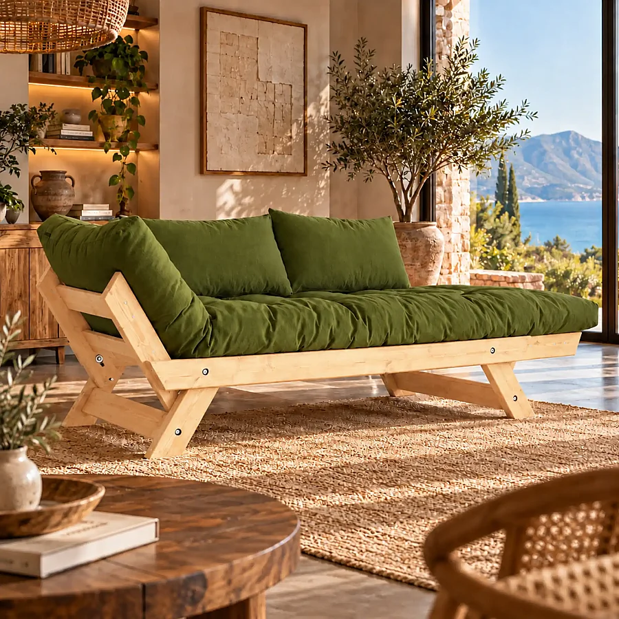 Adalar Masif Ahşap Natural-Yeşil Renk Kanepe 