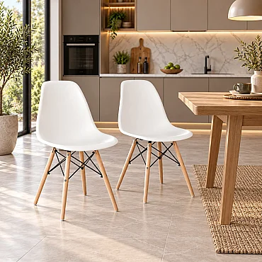 Luna, Ağaç Ayaklı, 2 Adet, Beyaz Eames Sandalye - 1