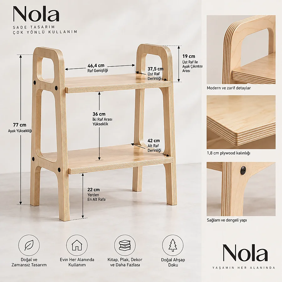 Nola Ahşap Pikap Dolabı, Kitaplık, Çok Amaçlı Raf Sistemi, Natural Renk - 4